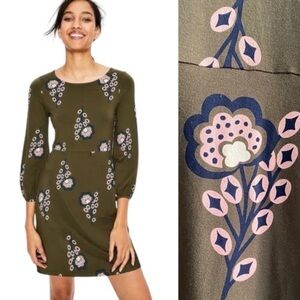 Boden Olive Green Long Sleeve Dress with Floral Pattern